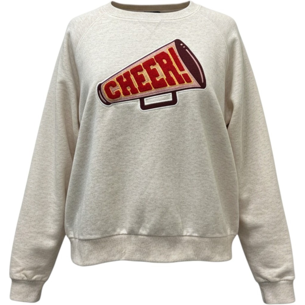 LC Lauren Conrad Cheer Megaphone Chenille Patch Sweatshirt Oatmeal Heather L NEW